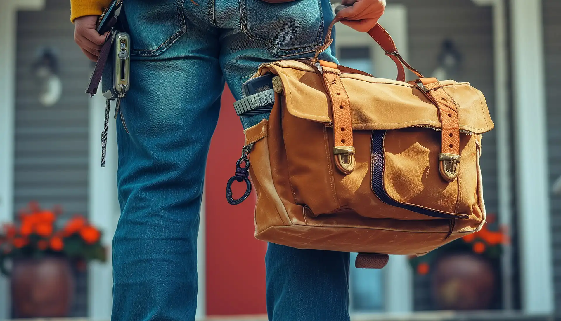 Schlosser mit Werkzeugtasche kommt zur Reparatur der Schlösser